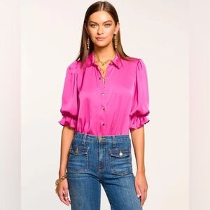 RAMY BROOK DINA LONG SLEEVE BUTTON DOWN BODYSUIT PINK Small